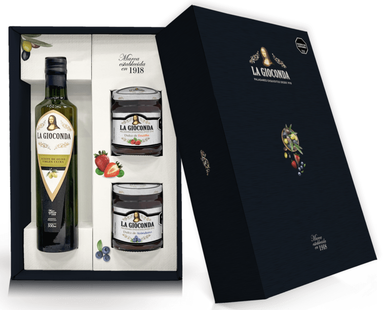 Giftbox La Gioconda por dentro con un aceite y dos mermeladas