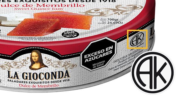 Muestra del certificado Kosher en la lata del dulce de membrillo La Gioconda